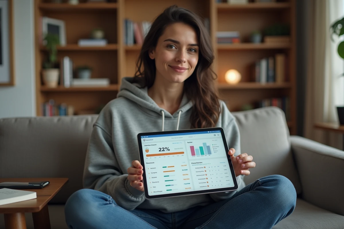 Une jeune freelance consulte un tableau de bord CRM pour gérer ses leads depuis son bureau à domicile