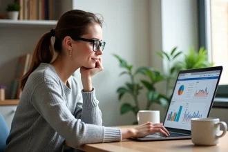 Femme en télétravail gérant ses réseaux sociaux sur un ordinateur portable avec des tableaux de bord analytiques