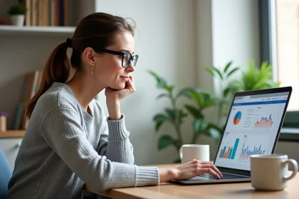Femme en télétravail gérant ses réseaux sociaux sur un ordinateur portable avec des tableaux de bord analytiques