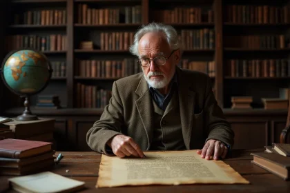 Historien examinant un parchemin ancien relatif aux origines de la propriété intellectuelle dans une bibliothèque universitaire