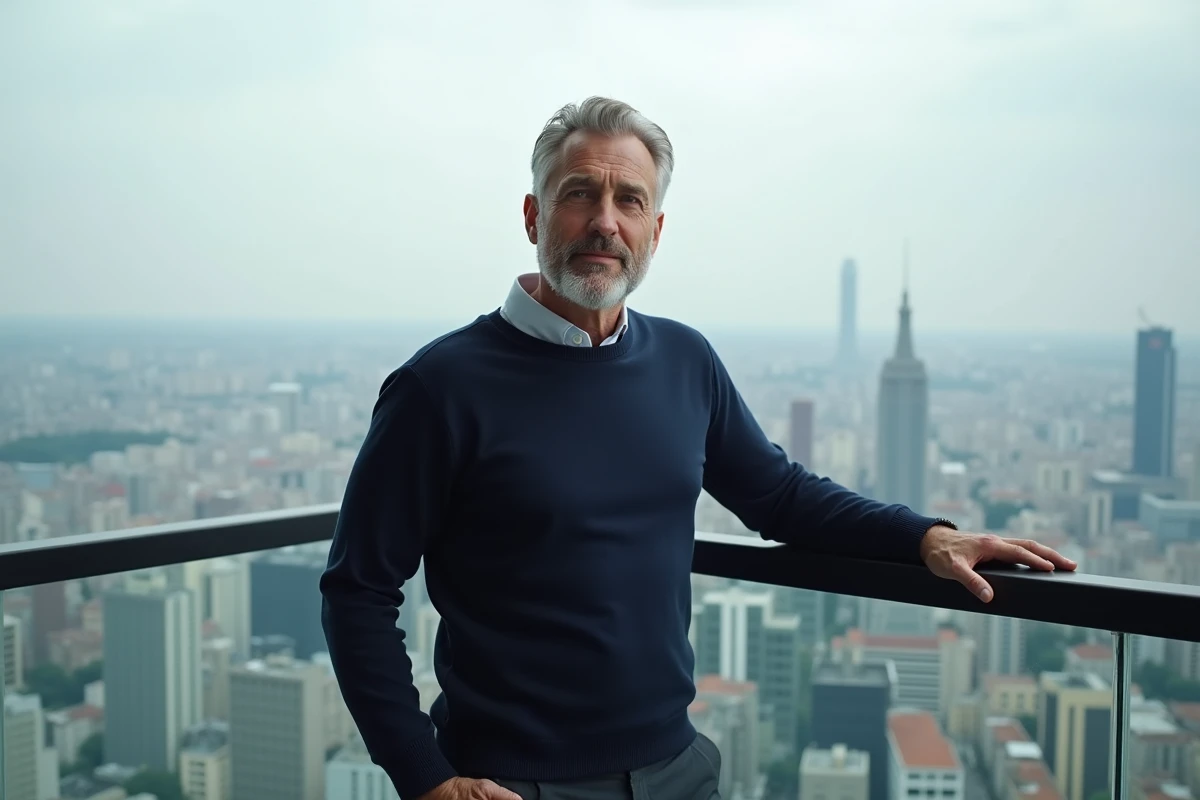 Homme d'affaires en pull marine contemplant la skyline urbaine depuis la terrasse d'un penthouse en hauteur