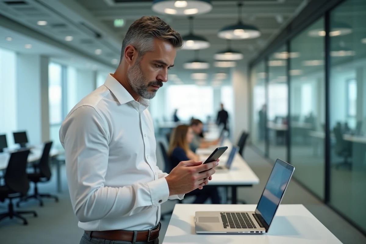 Homme en bureau open space vérifiant l'heure d'envoi d'un mail sur son smartphone