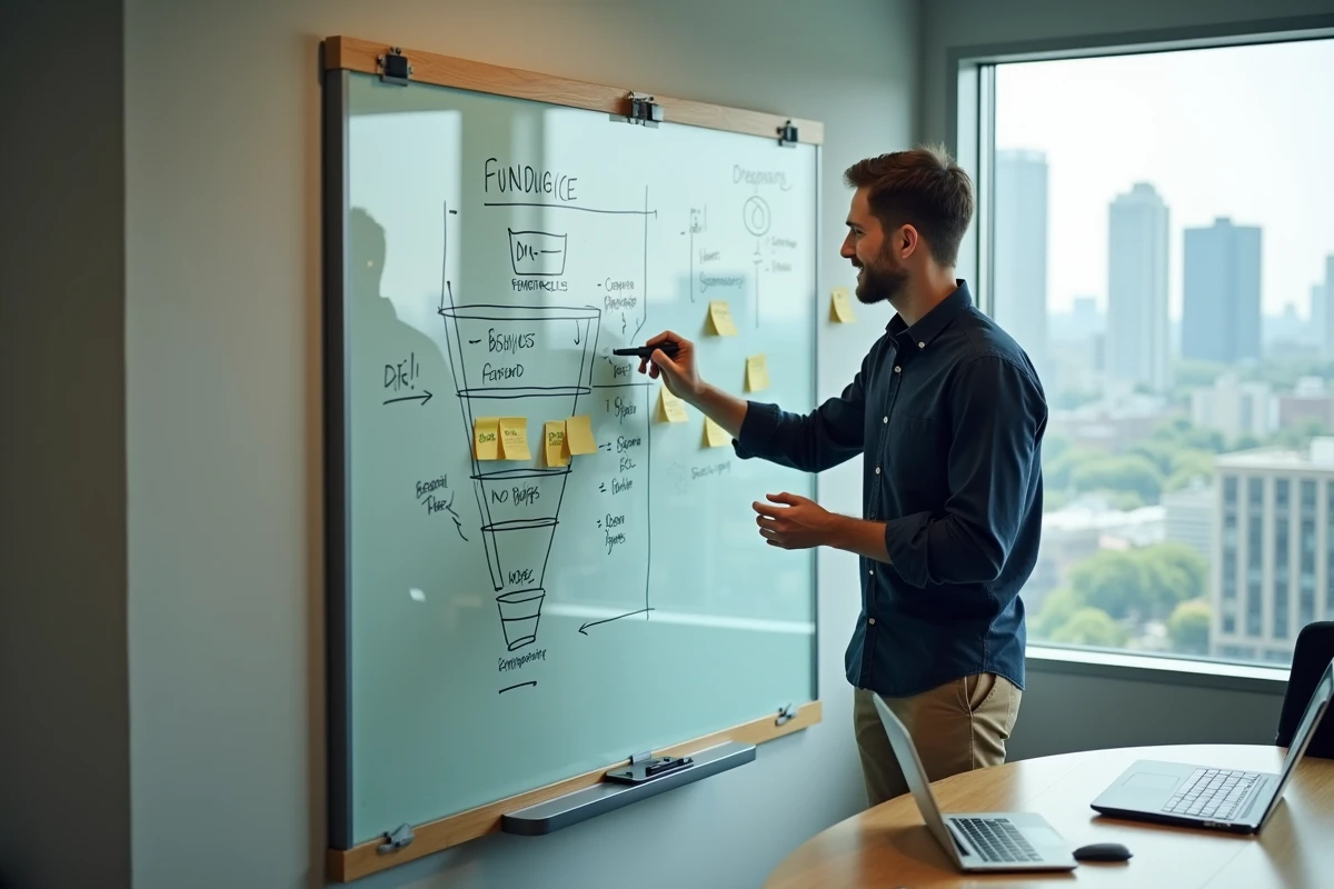 Homme présentant une stratégie de marketing digital sur un tableau blanc dans une salle de réunion