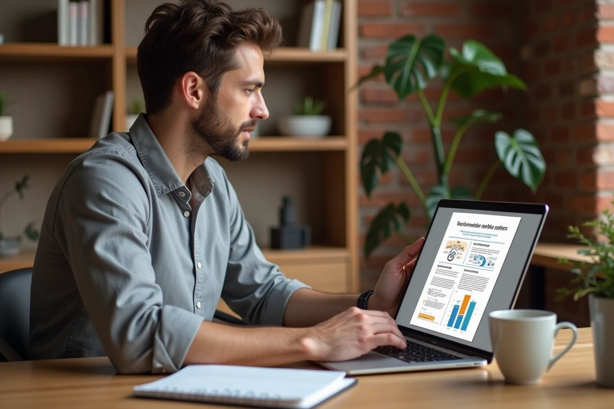 Homme en télétravail consultant un livre blanc PDF sur ordinateur portable dans un bureau à domicile