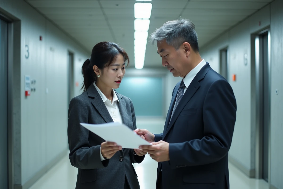 Homme et femme japonais professionnels dans un couloir d'entreprise symbolisant les inégalités salariales et la hiérarchie au travail au Japon