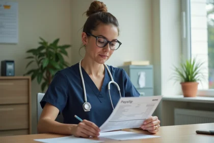 Infirmière en tenue professionnelle vérifiant son bulletin de salaire CCN 51 dans un bureau administratif d'établissement de santé