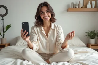 Jeune influenceuse filmant un contenu sponsorisé dans sa chambre avec des produits de beauté en arrière-plan