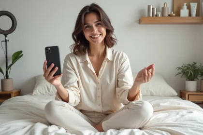 Jeune influenceuse filmant un contenu sponsorisé dans sa chambre avec des produits de beauté en arrière-plan