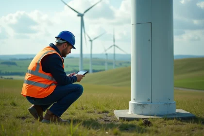 Ingénieur inspectant une éolienne dans un parc d'énergie renouvelable, illustrant le développement de Community Power Corporation