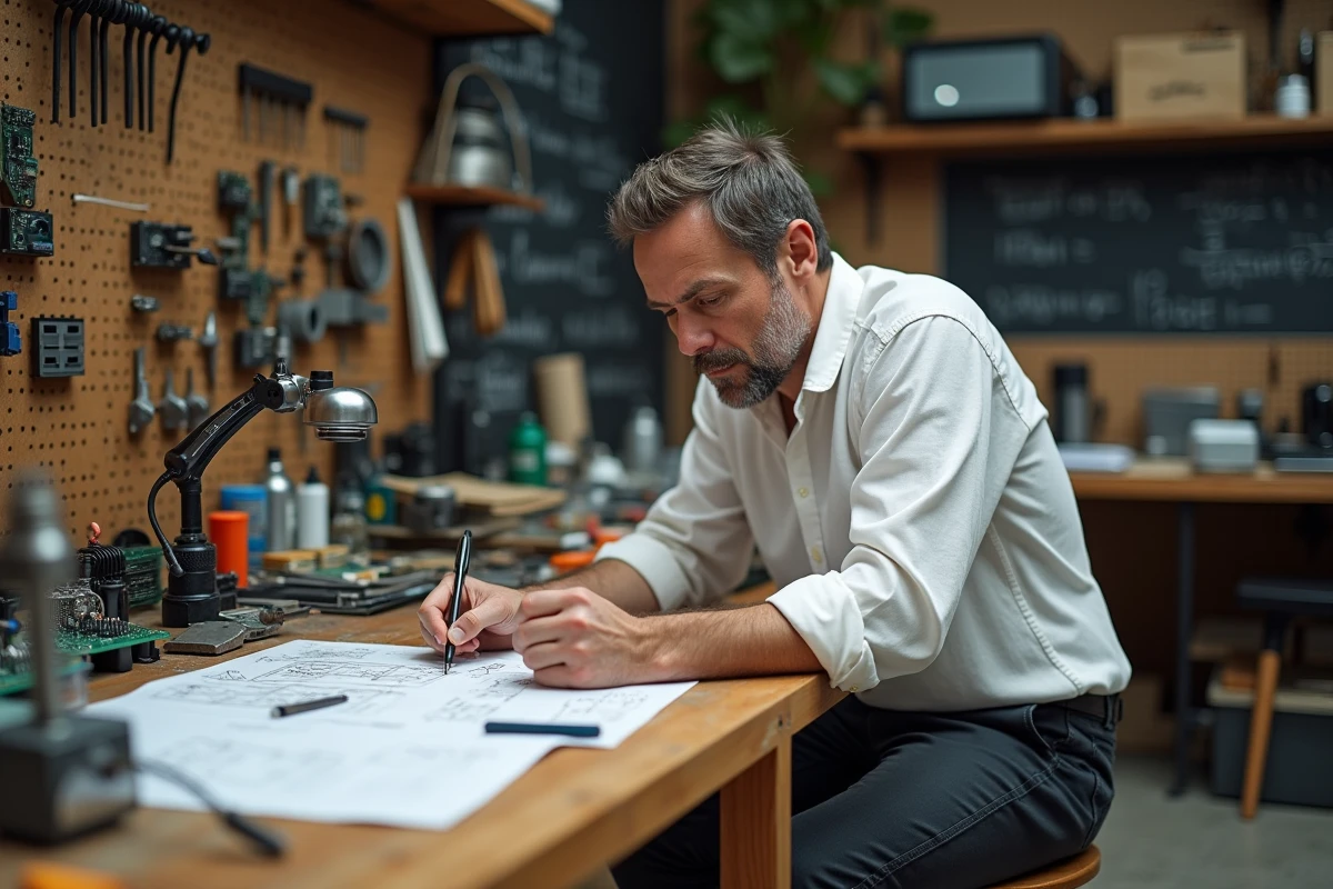 Homme ingénieur travaillant sur un prototype innovant dans un atelier de fabrication artisanal avec des composants électroniques