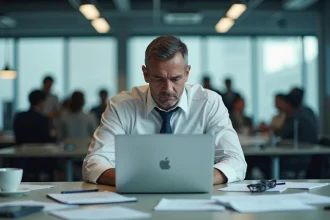 Un homme épuisé seul dans un open space, isolé de ses collègues, illustrant la fragilisation du lien social par le travail