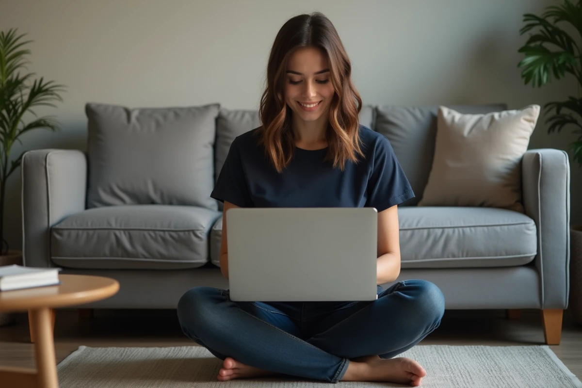 Jeune femme sur un canapé affichant les détails d'heure d'envoi d'un email sur son ordinateur