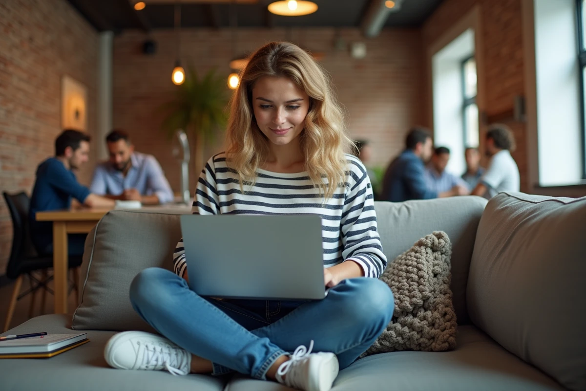 Jeune femme travaillant sur des outils de marketing digital depuis un espace de coworking créatif