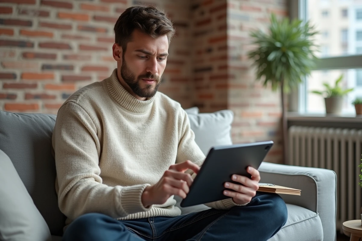 Jeune homme consultant un profil d'emploi sur tablette pour trouver son code ROME métier