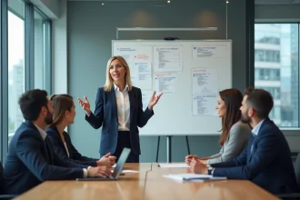 Manager femme présentant les piliers du management à son équipe en réunion d'entreprise