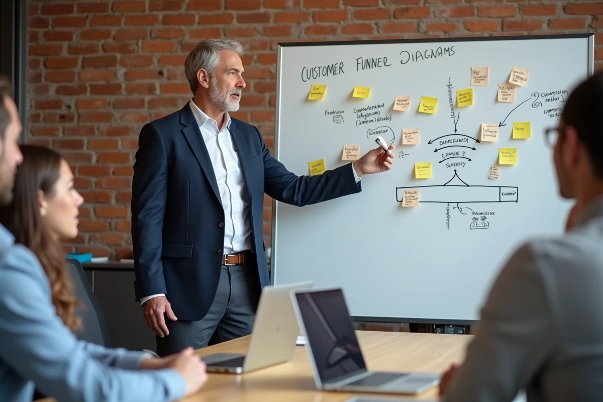 Un manager présente une stratégie de génération de leads sur un tableau blanc lors d'une réunion d'équipe