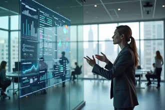 Professionnelle du marketing futur analysant des données holographiques dans un bureau moderne et connecté