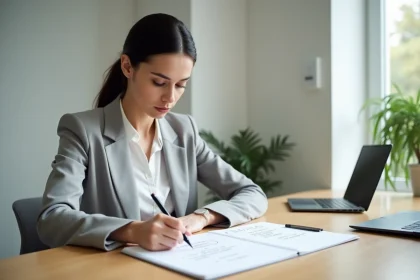 Femme appliquant la méthode Pareto en annotant une liste de priorités sur un carnet dans un bureau minimaliste