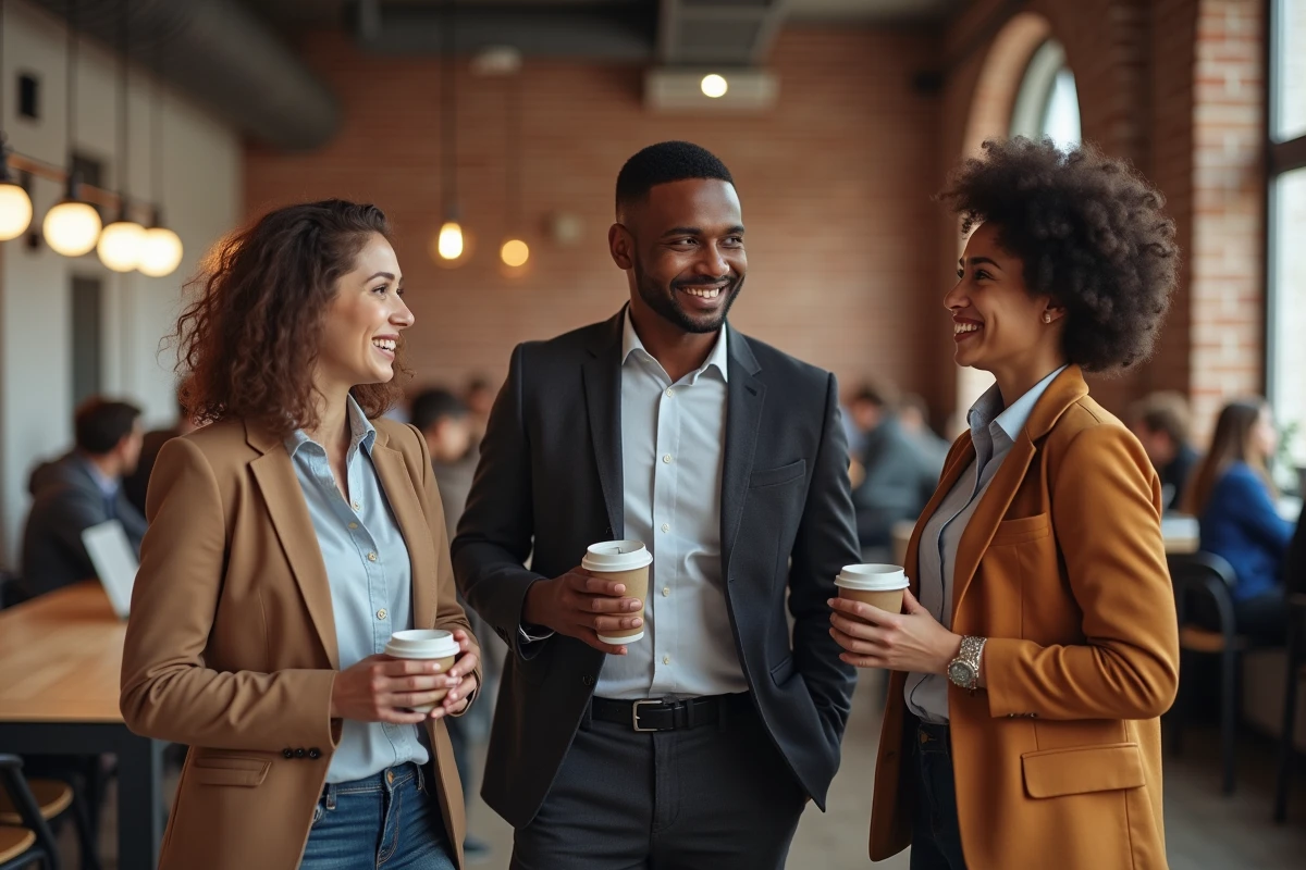 Jeunes professionnels en plein networking lors d'un événement dans un espace de coworking moderne