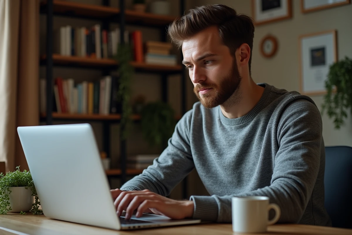Homme optimisant son profil LinkedIn depuis son bureau à domicile pour accélérer sa recherche d'emploi