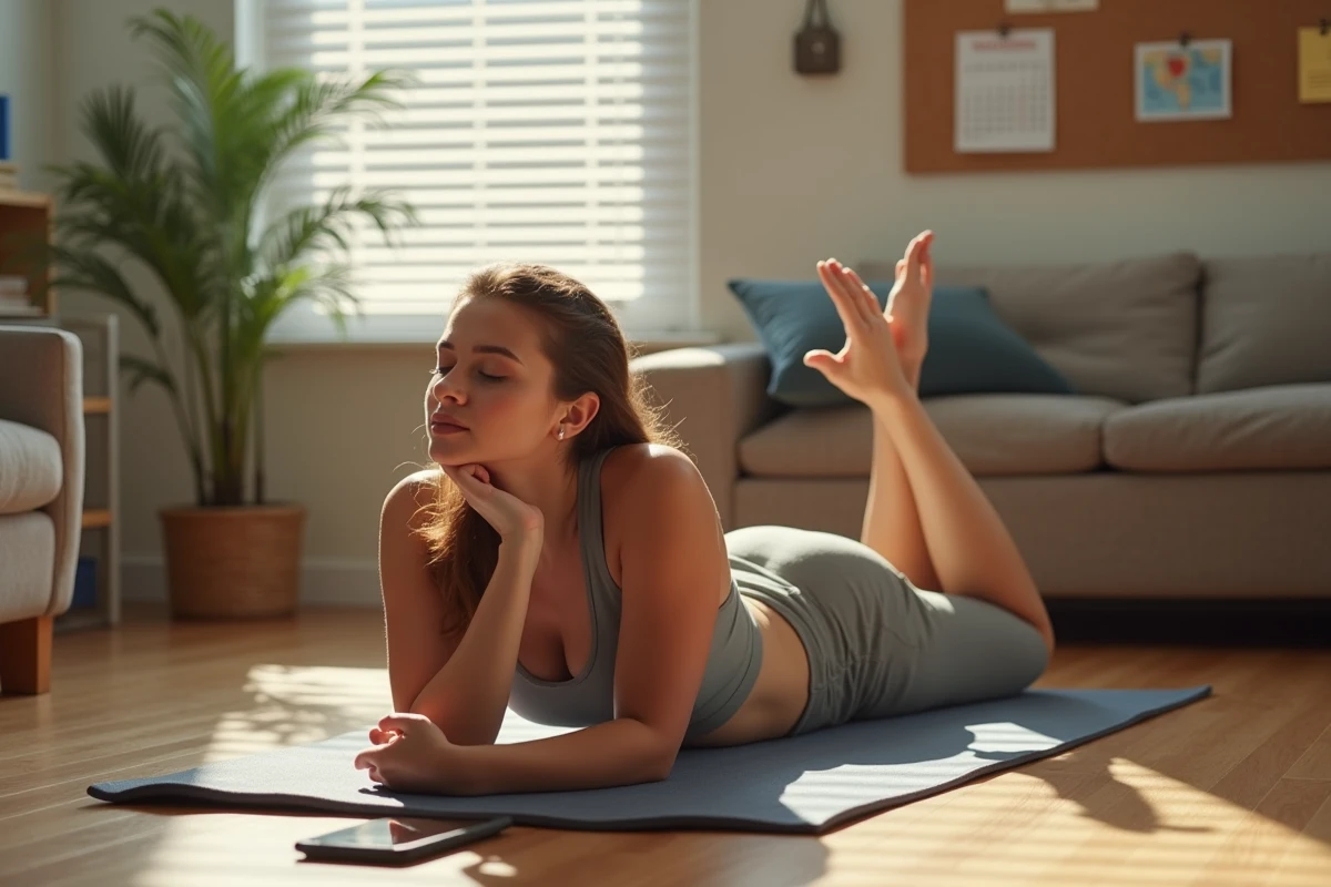 Femme travaillant en 2x8 se reposant sur un tapis de yoga pour gérer sa récupération entre deux postes