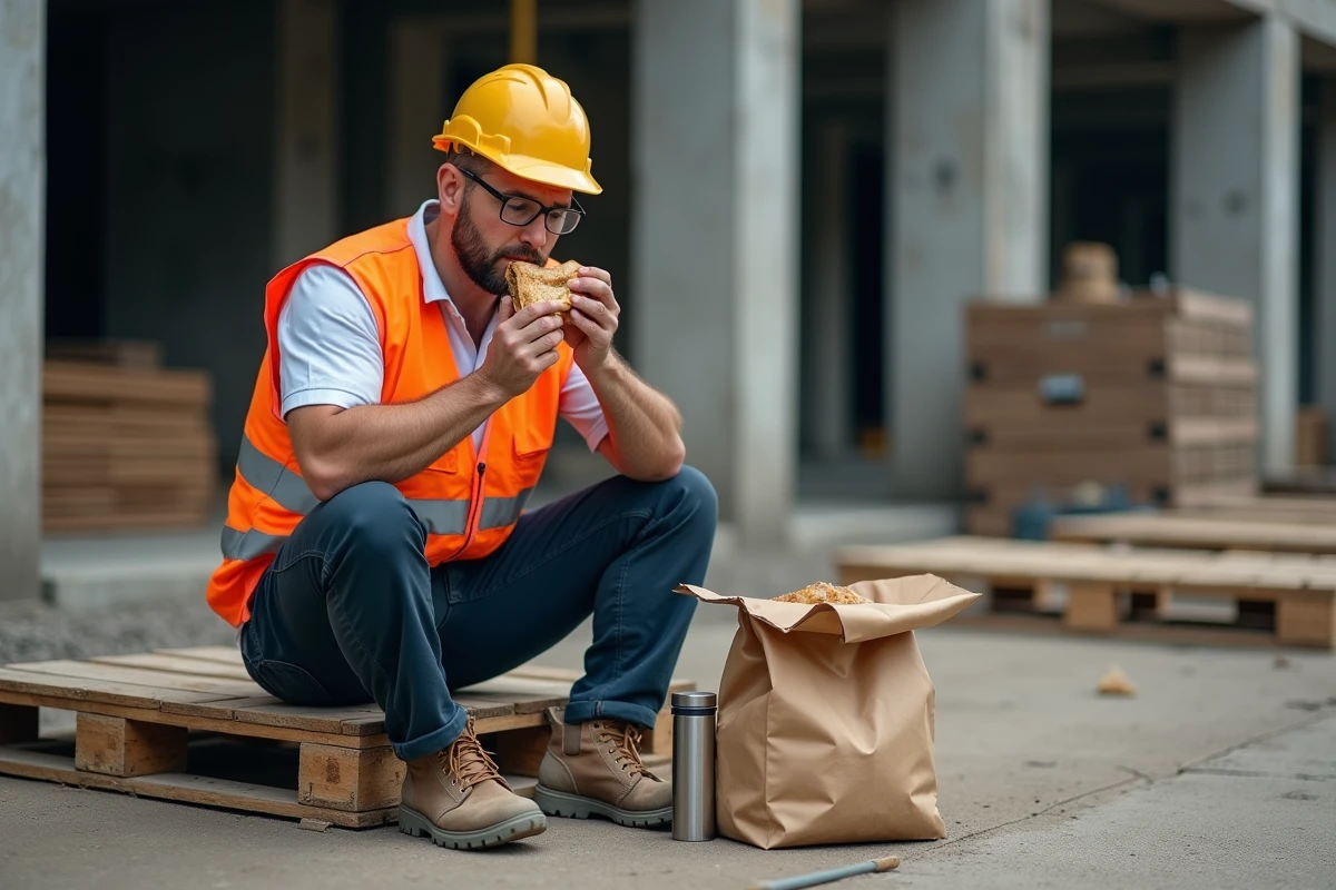 Ouvrier du bâtiment prenant sa pause repas sur un chantier de construction avec son panier repas