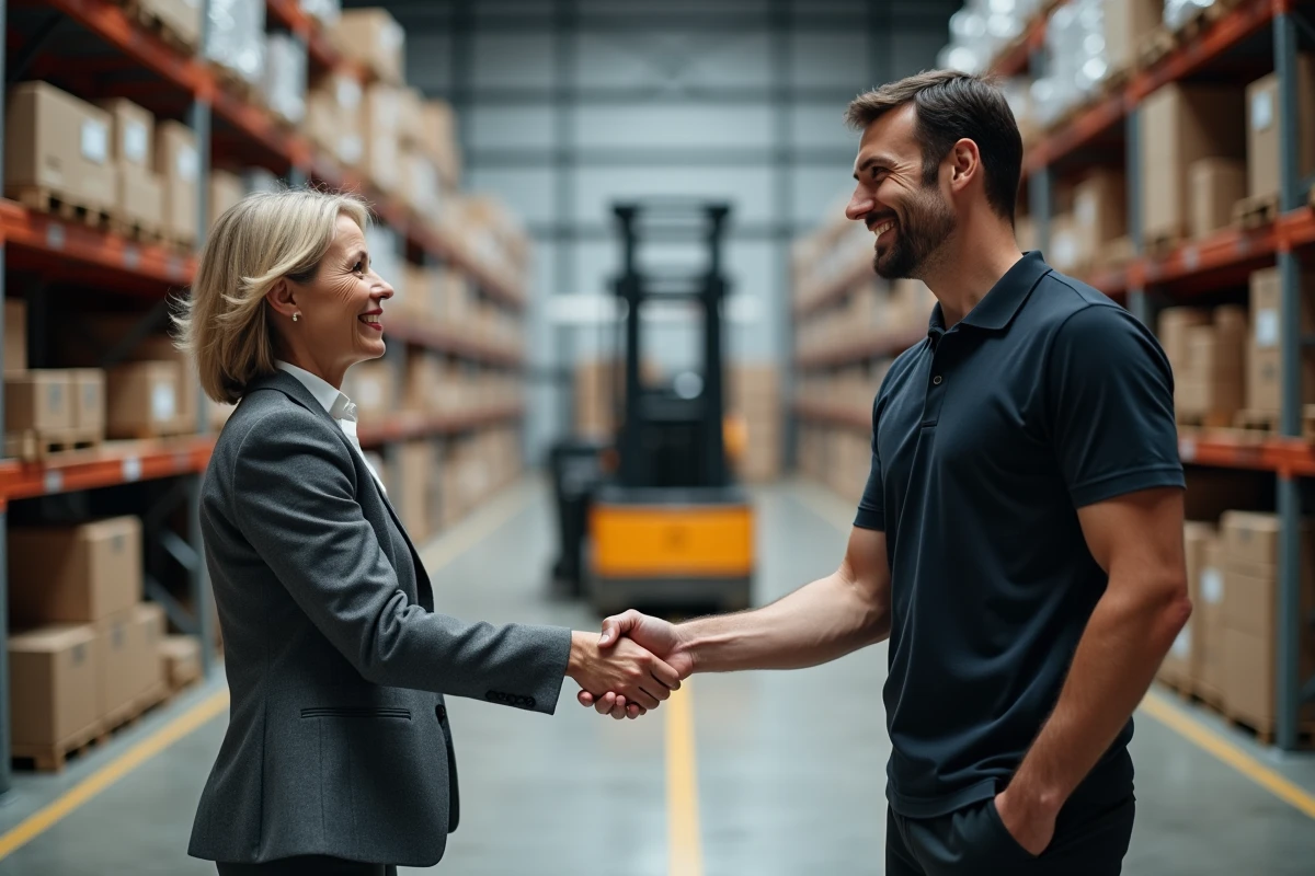 Signature d'un partenariat fournisseur avec une poignée de main entre deux professionnels dans un entrepôt logistique, illustration de l'intégration fournisseur comme première étape SRM