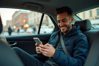 Passager utilisant l'application Uber sur son smartphone dans une voiture avec chauffeur en ville