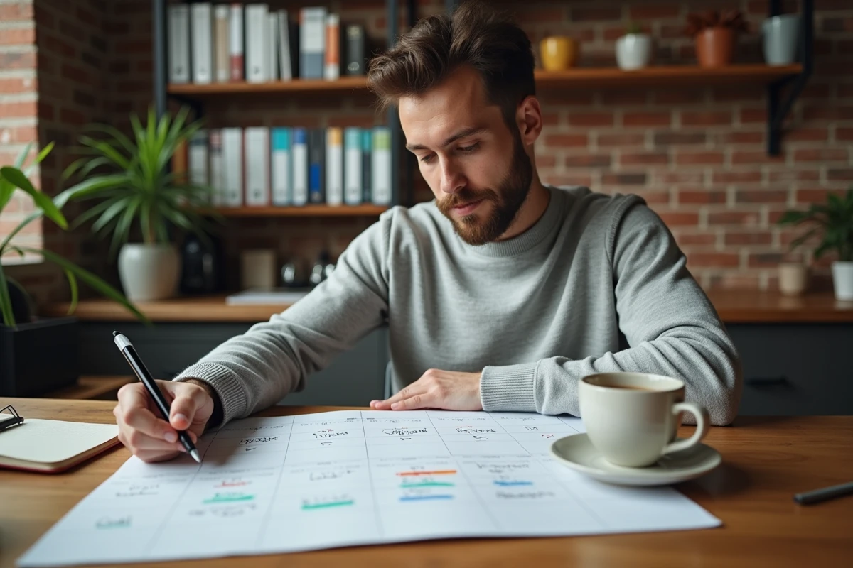 Un homme organise son échéancier sur un calendrier papier à la maison avec des marqueurs colorés