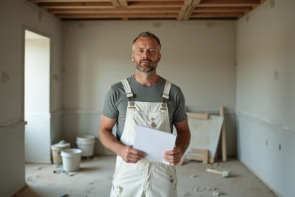Artisan plâtrier tenant des documents d'assurance RC et décennale sur un chantier de rénovation intérieure