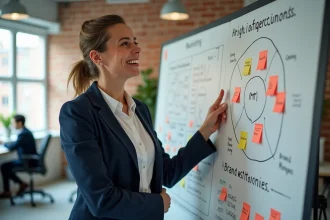 Stratège marketing expliquant un positionnement de marque sur un tableau blanc dans un bureau d'agence moderne