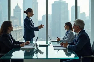 Équipe de direction en réunion stratégique dans une salle de conférence moderne, illustrant les postes clés d'une organisation
