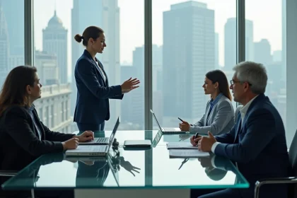 Équipe de direction en réunion stratégique dans une salle de conférence moderne, illustrant les postes clés d'une organisation
