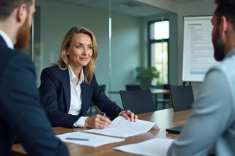 Première étape de la gestion des relations fournisseurs : réunion de négociation contractuelle entre une responsable achats et un représentant fournisseur dans une salle de conférence moderne