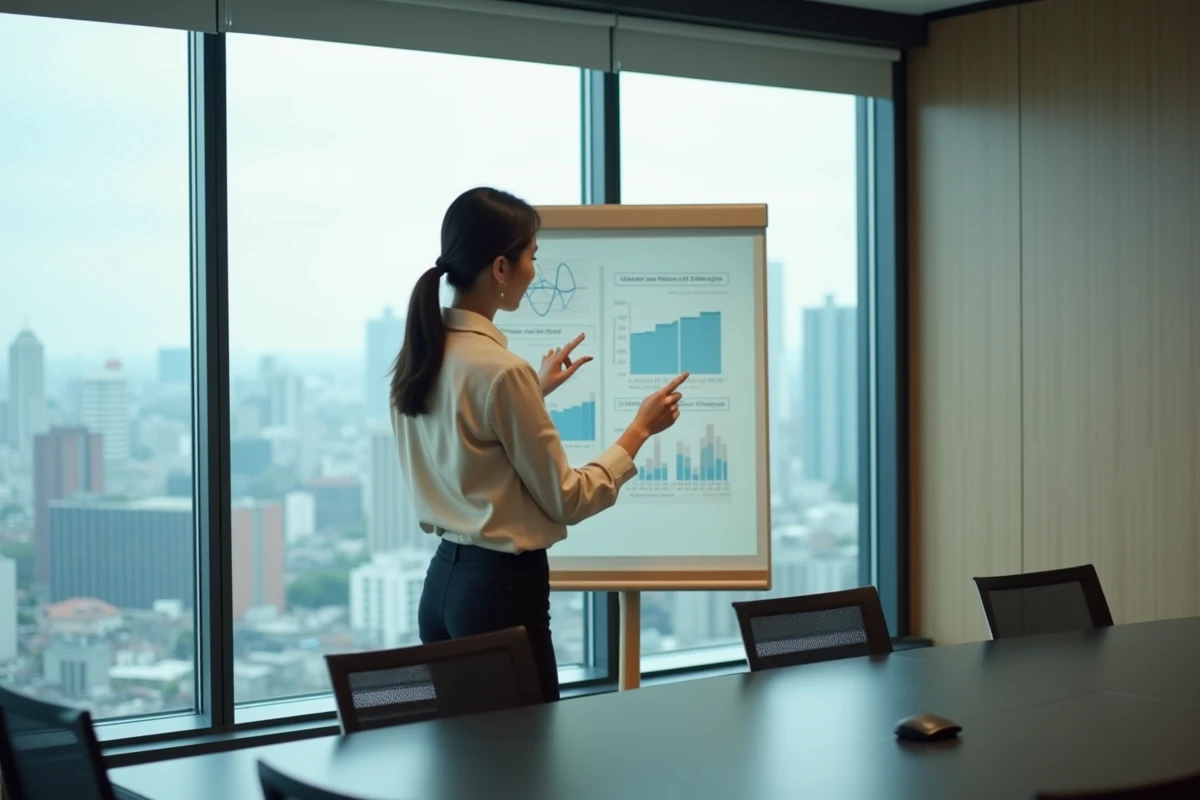Femme japonaise présentant des statistiques sur l'écart salarial hommes-femmes lors d'une réunion d'entreprise à Tokyo avec vue sur la ville
