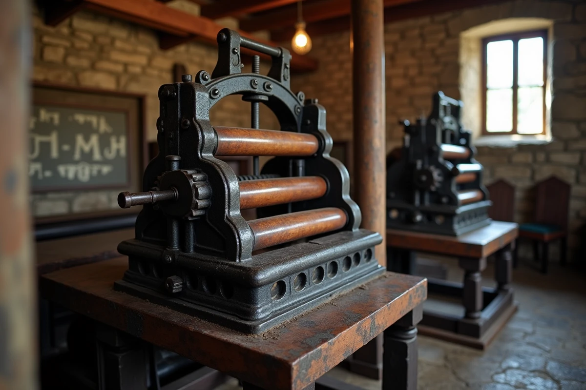 Presse à imprimer ancienne du XVIIIe siècle symbolisant l'histoire des droits d'auteur et de la propriété intellectuelle