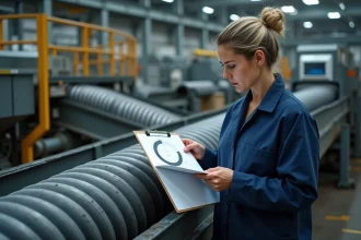 Ingénieure examinant un diagramme de processus circulaire dans une usine de recyclage industrielle