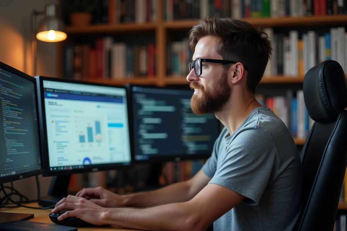 Jeune professionnel travaillant sur des outils de SEO et de gestion de campagnes sur les réseaux sociaux dans un bureau à domicile