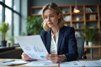 Professionnelle en blazer marine consultant un livre blanc marketing imprimé dans un bureau moderne