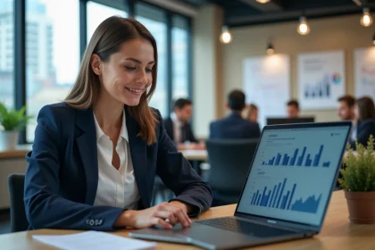Professionnelle marketing analysant les prix d'outils IA sur son ordinateur portable dans un bureau moderne