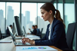 Professionnelle du marketing digital analysant des tableaux de bord et des données analytiques sur un ordinateur portable dans un bureau moderne