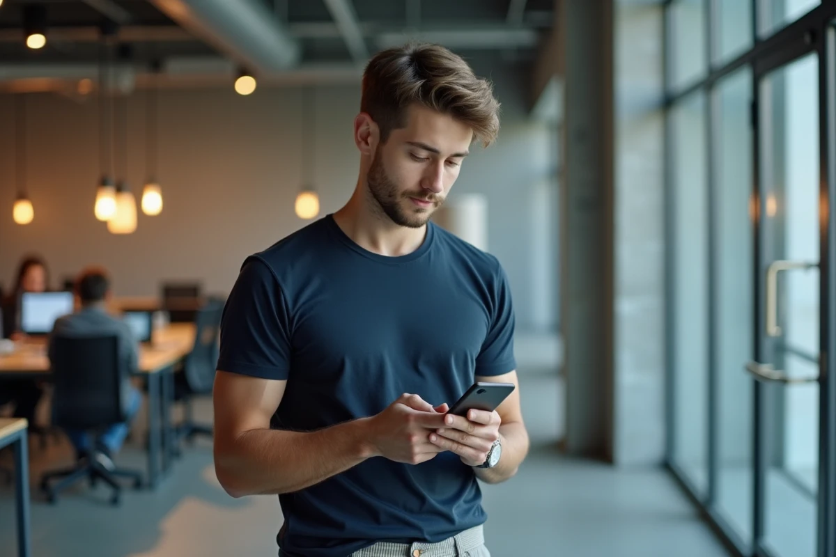 Jeune homme utilisant son smartphone pour publier du contenu sur les réseaux sociaux dans un espace de coworking