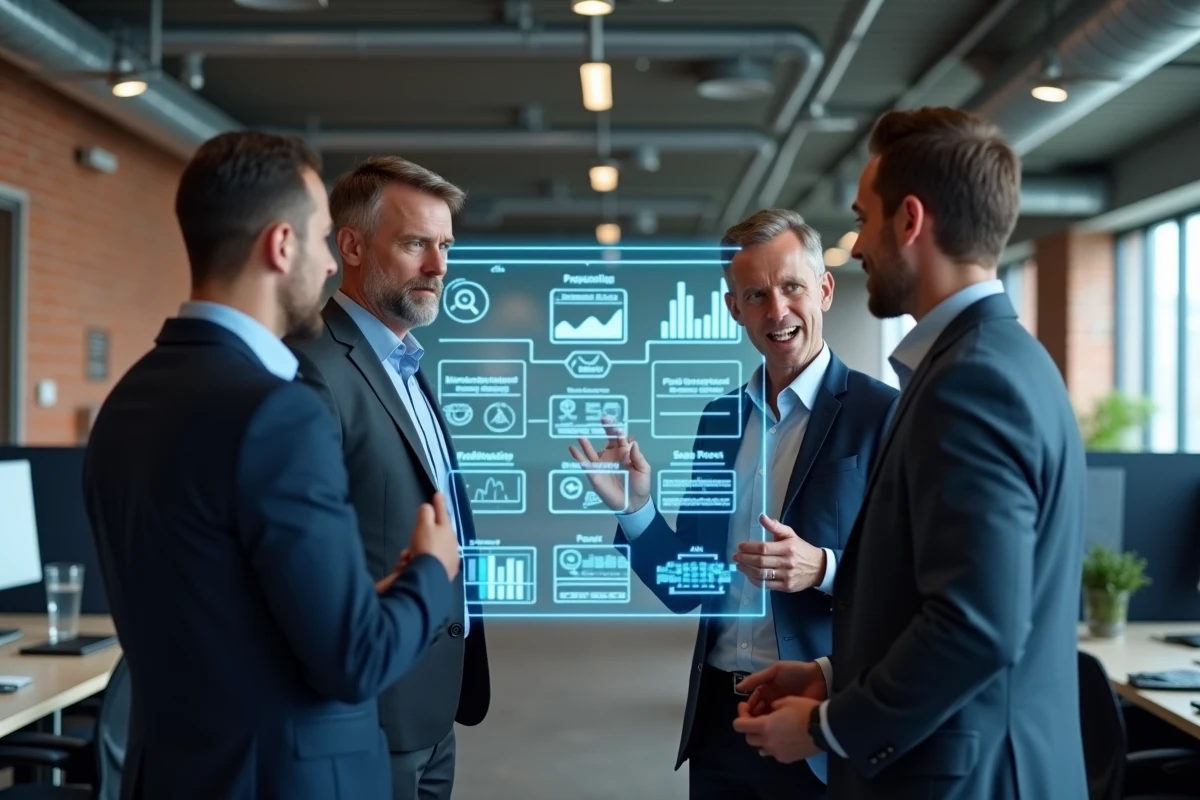 Trois dirigeants d'entreprise en réunion stratégique devant un écran tactile affichant des organigrammes et des données financières dans un bureau moderne de style industriel
