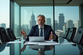 Homme d'affaires en costume sombre assis à un bureau de PDG dans une salle de réunion moderne avec vue sur la ville, illustrant le pouvoir et le leadership corporatif