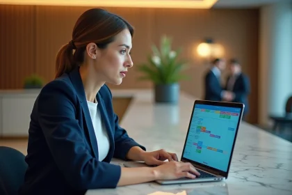 Réceptionniste d'hôtel gérant les réservations sur un channel manager via un ordinateur portable au bureau d'accueil