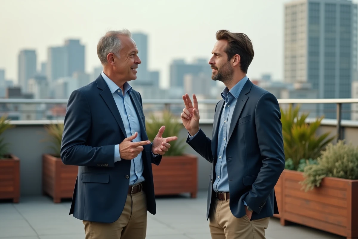 Deux hommes en discussion professionnelle sur une terrasse urbaine illustrant les étapes de la règle des 4 F