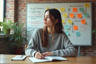 Femme réfléchissant à la règle des 4 F devant un tableau de prises de décision dans un espace de coworking moderne