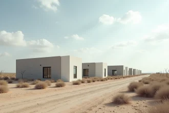 Complexe résidentiel moderne au Texas dans un paysage désertique aride, maisons modulaires minimalistes grises et blanches