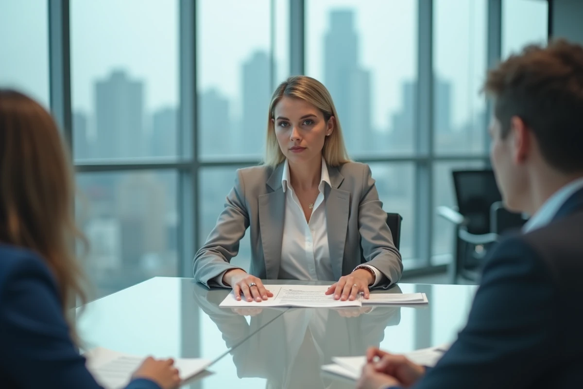 Femme d'affaires discutant de responsabilité contractuelle lors d'une réunion en salle de conférence moderne
