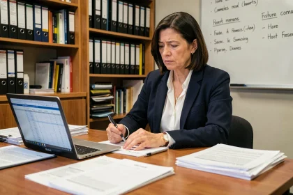 Une responsable associative examine des formulaires administratifs pour une demande de statut d'Organisation d'Utilité Publique, entourée de documents et d'un ordinateur portable dans un bureau associatif